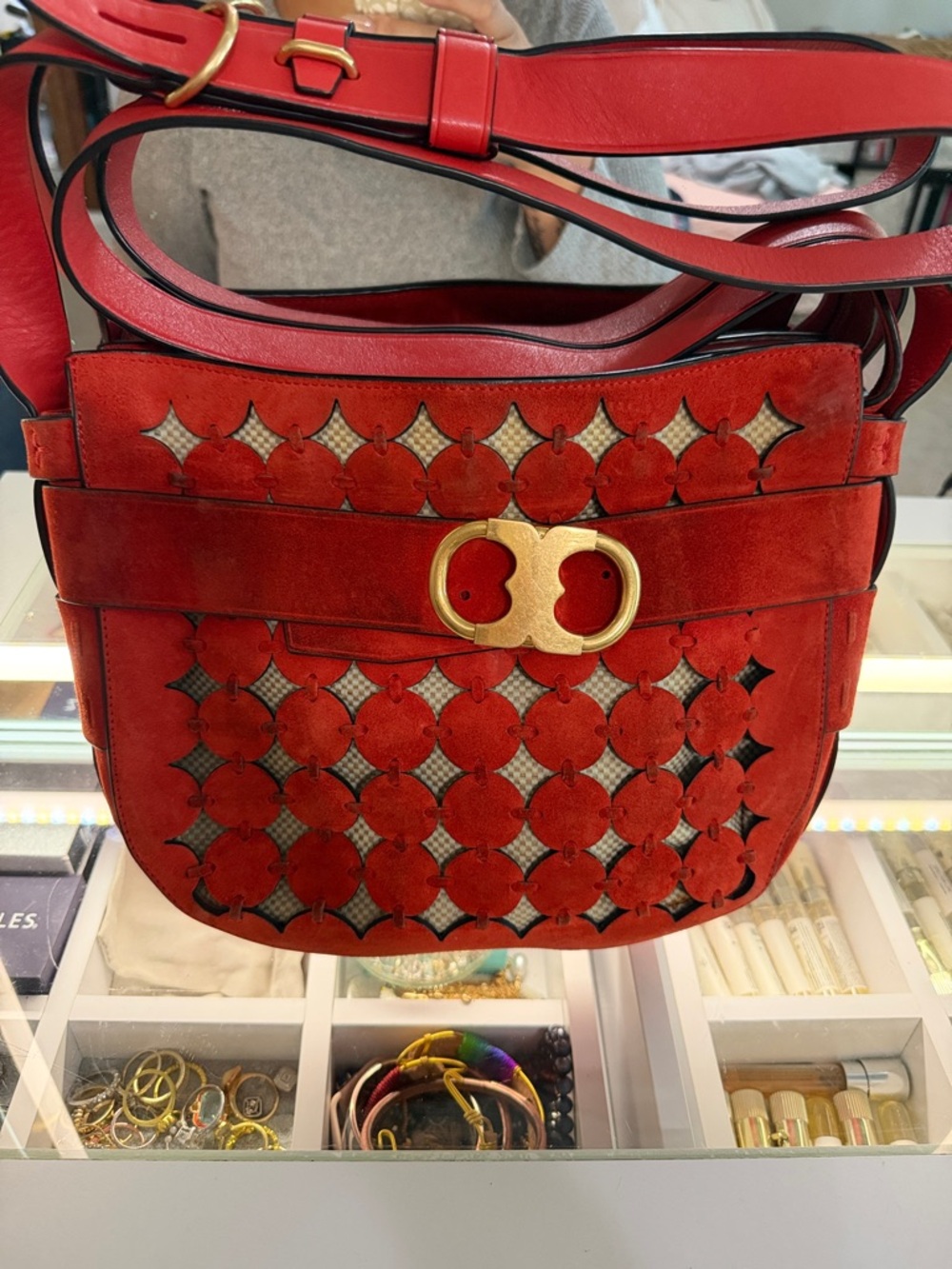 Tory Burch Orange Perforated Suede Crossbody with Gold Hardware